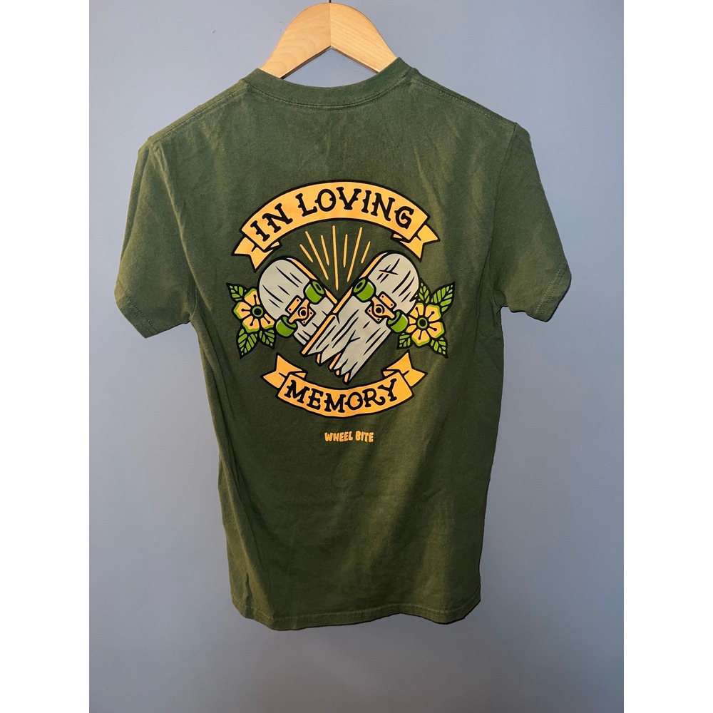Wheel Bite In Loving Memory Broken Skateboard Graphic T-Shirt Olive Green Small